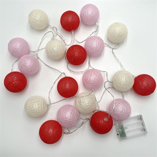 LED lyskæde med røde, lyserøde og mælkehvide kugler - 3 m 20 lys - diameter 6 cm